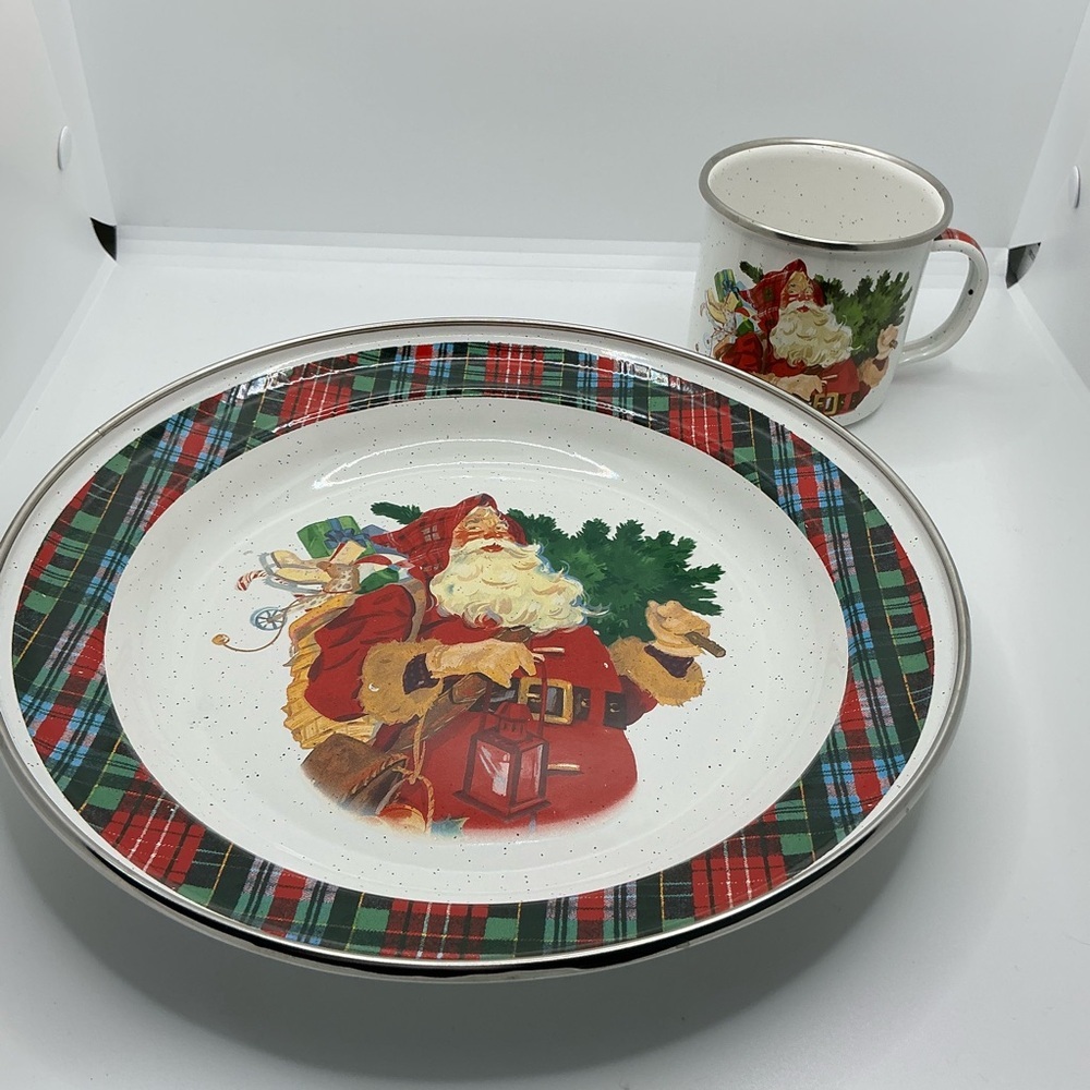 Hallmark Mitford Jan Karon 10” Plaid Enamel‎ Christmas Santa Cookie Plate + Cup